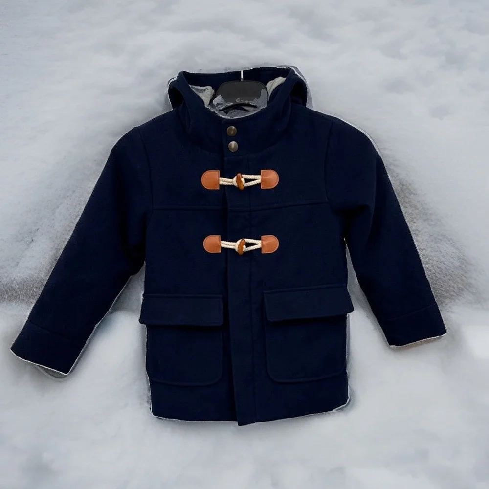 Cat & Jack Navy Pea Coat with Tan Toggle buttons Hooded Size S classic